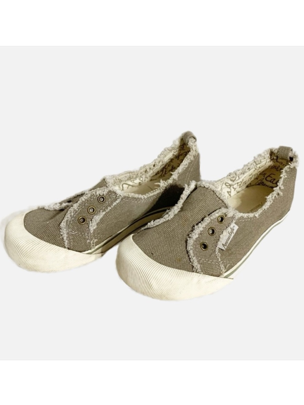 American Eagle Outfitters Canvas Raw Edged Slip On Sneakers Ribbed Toe Cap Khaki